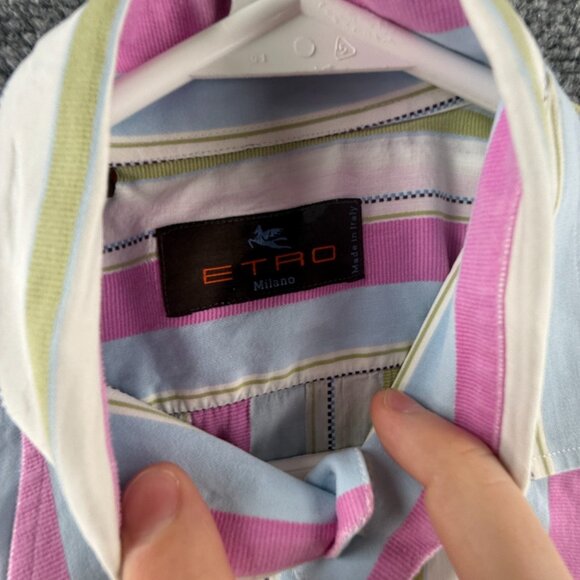 Etro Milano Italy Colorful Pink Green Bold Button Up Shirt Long Sleeve Size 40 - Picture 9 of 16